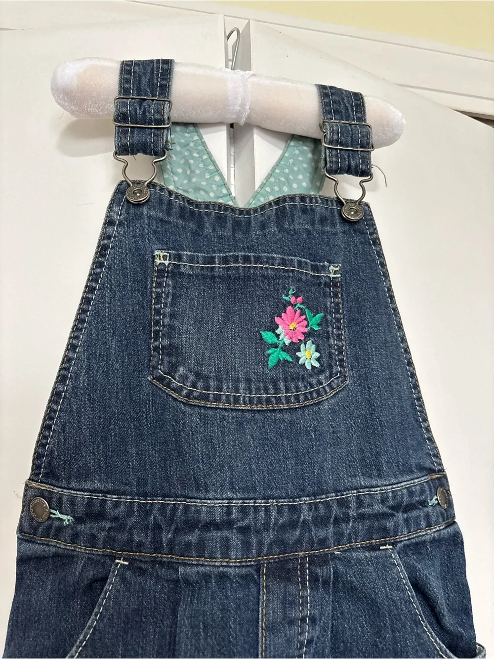 Genuine Kids 5T Dark Denim Overalls with Floral Embroidery